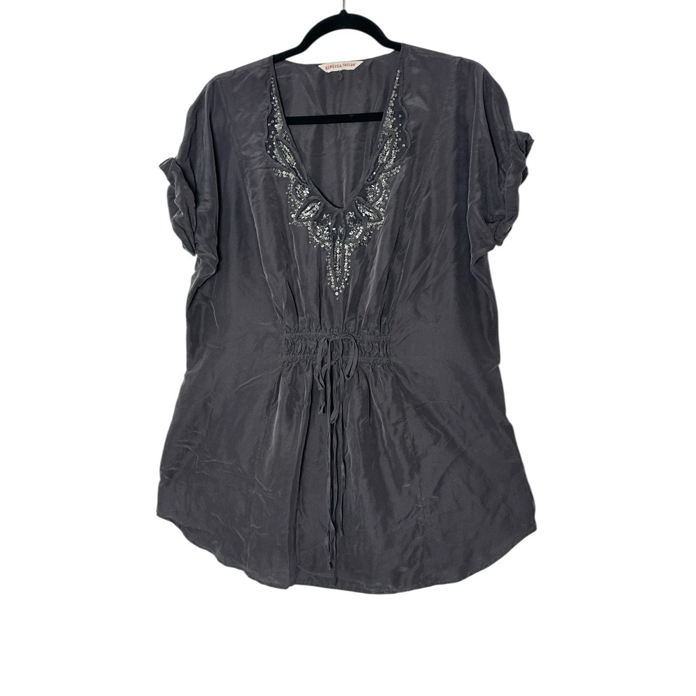 Rebecca Taylor 100%‎ Silk Top Women's Size 8 Gray Short Sleeve Sequin Cocktail
